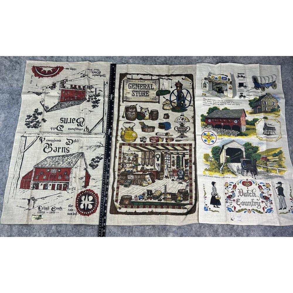 3 Vintage Kay Dee Linen Hand Towels Pennsylvania Dutch Amish‎ Barn General Store